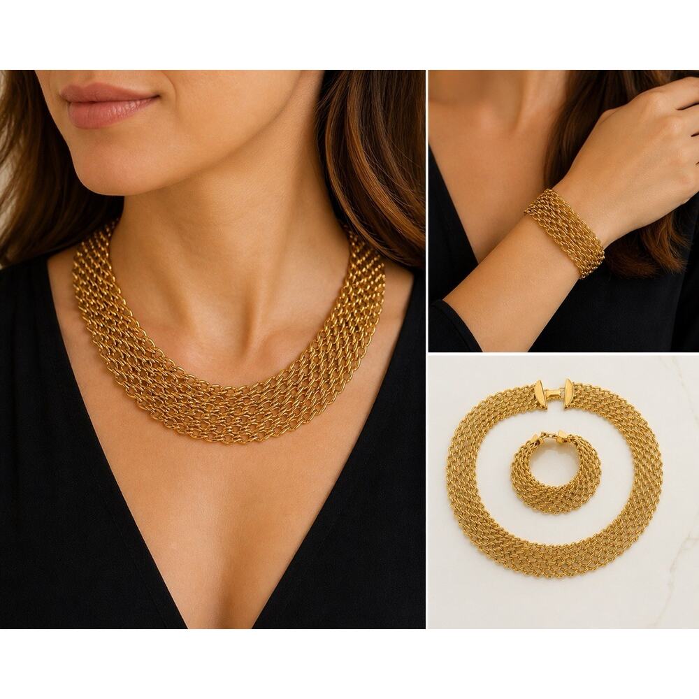 Vintage 1960's Gold Tone Wide Open Link Mesh Napier Signed Bracelet/Necklace Set
